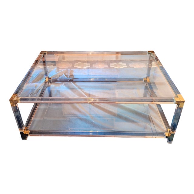 Large Italian 2-Level Coffee Table in Acrylic, Glass and Gilt Brass, 1980 For Sale
