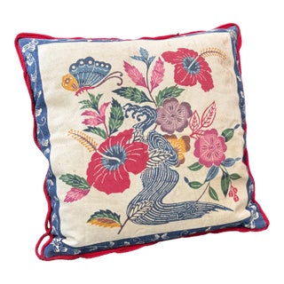 Pair of Vintage Japanese Crane & Floral Decorative Pillow Covers With Original Red Cording For Sale