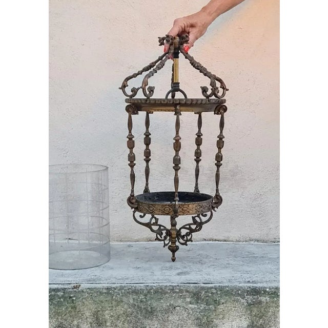 Metal and glass lantern lamp, 3 Spain, 1960s. 25cm diameter of the inner glass and 20cm wide. Up to 250V (Europe/UK...