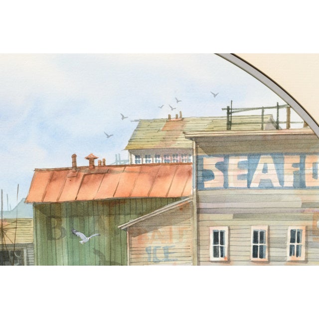 Realism Jones Realism Seafood Shops on the Pier Watercolor Landscape Late 20th Century For Sale - Image 3 of 10