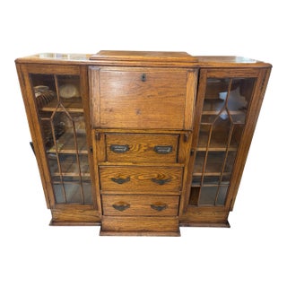 1920s Oak Art Deco Drop Front Secretary Side by Side With Glass Fronts For Sale