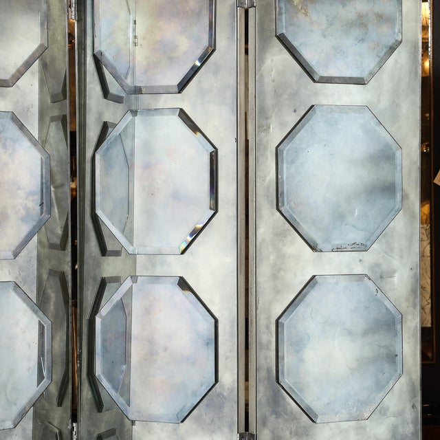 Art Deco Antiqued Octagon Paneled Motif Smoked Mirror Screen With Silvered Back For Sale In New York - Image 6 of 12