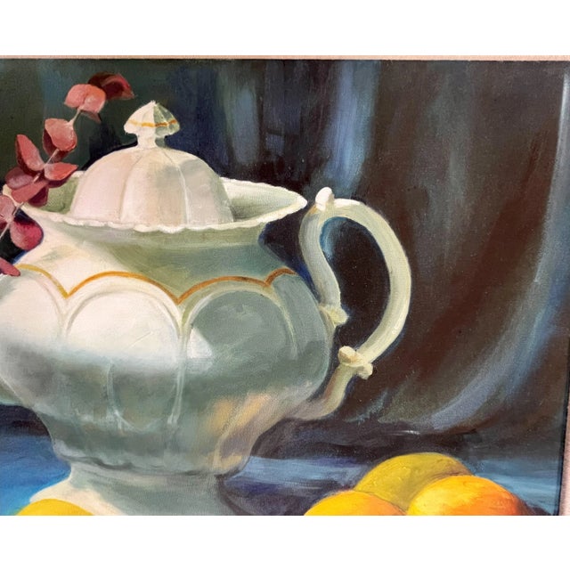 Late 20th Century Signed Original Oil Painting by Karen Reinhart (American, 1938-2023) Titled 'Tea Time' For Sale - Image 5 of 12