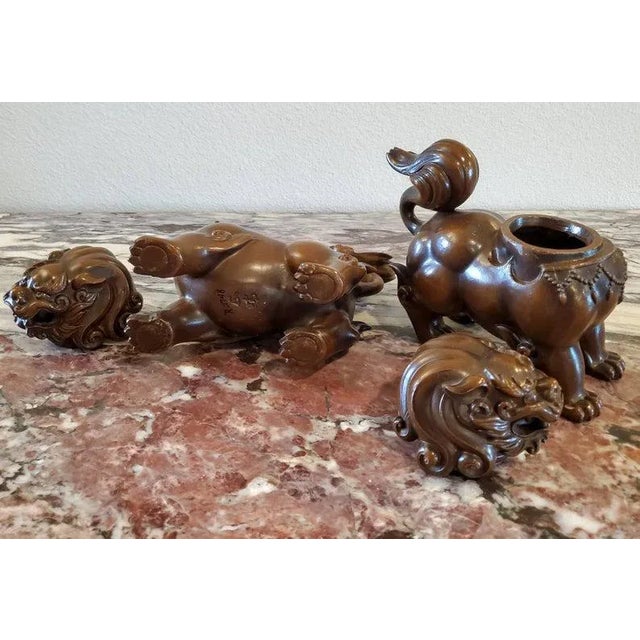 Japanese Bronze Signed Foo Dog Incense Burner - a Pair For Sale - Image 10 of 11