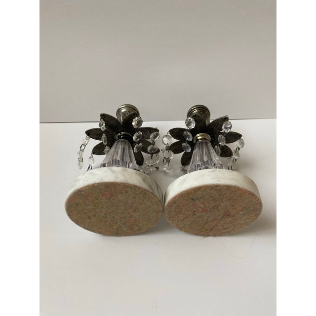 Metal Brass Candle Holders Vintage Set of 2 Marble Based With Glass Prisms For Sale - Image 7 of 10