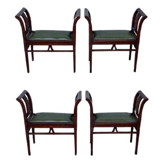 Mid 20th Century Set of Four Art Deco Stools in Walnut with Arms and Seat Leather For Sale