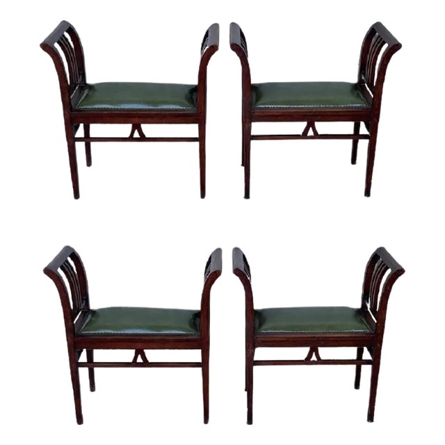 Mid 20th Century Set of Four Art Deco Stools in Walnut with Arms and Seat Leather For Sale