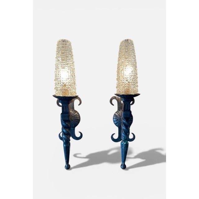 French Brutalist Wrought Iron Wall Sconces, 1950, Set of 2 For Sale - Image 9 of 9
