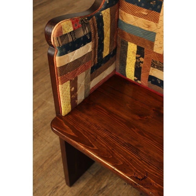 Brown Antique American Quilted Back Pine Settle Bench For Sale - Image 8 of 12