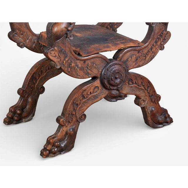 Monumental 19th-Century Renaissance Revival Carved Walnut Folding Stool For Sale - Image 4 of 13