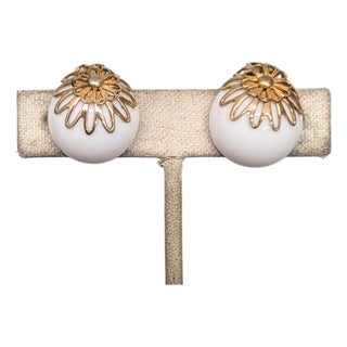 Vintage 1950s Signed Napier Goldtone Filigree Round Domed White Resin Clip Earrings-2 Pieces For Sale