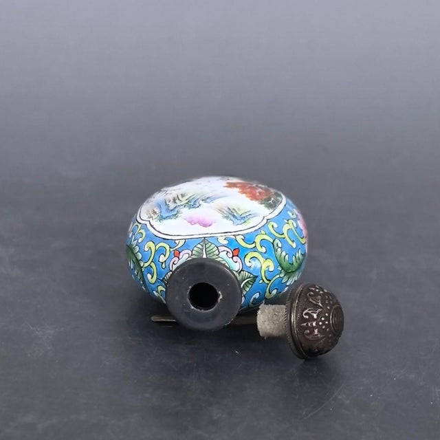 Paint Copper Enamel Landscape Snuff Bottle, Hand Painted Famille Rose Scene For Sale - Image 7 of 9