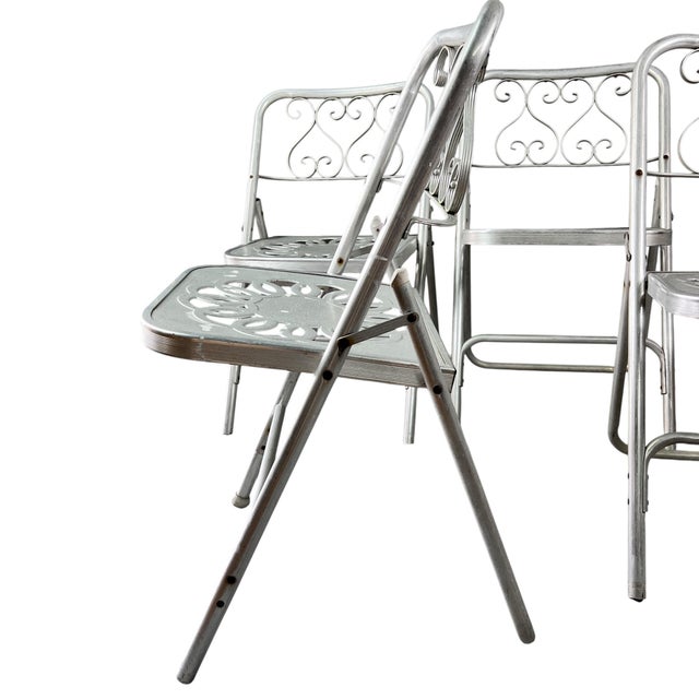 Silver Vintage Aluminum Folding Metal Chairs - Set of 4 For Sale - Image 8 of 11