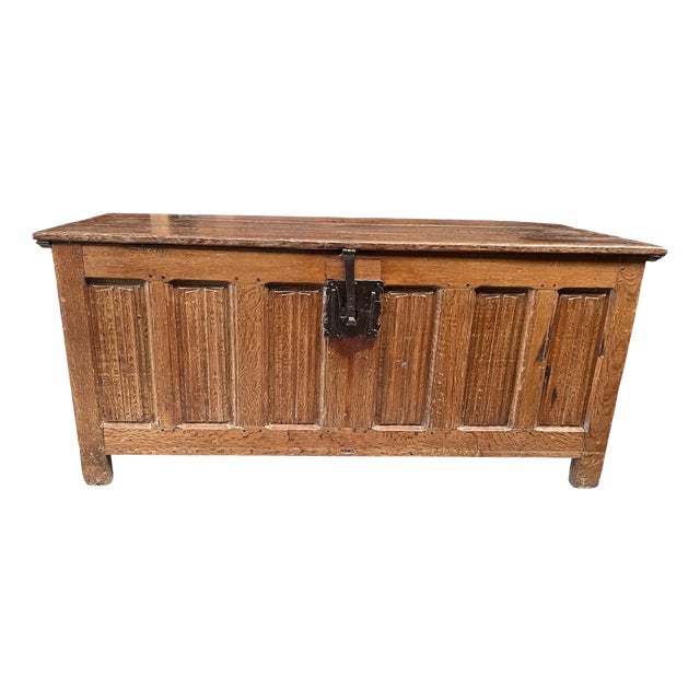 Gothic Linenfold Coffer in Oak with Carved Panel, 1500s For Sale