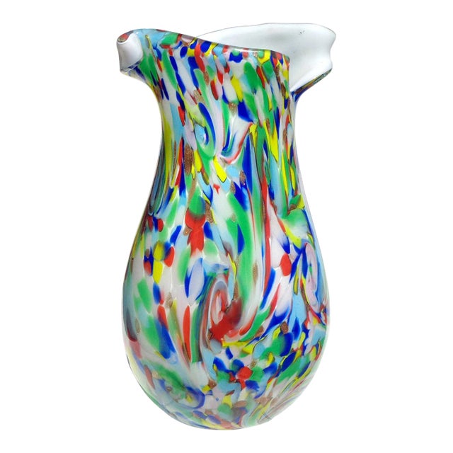 Murano Fratelli Toso Vintage Rainbow Colors Swirl Italian Art Glass Mid-Century Scissor Cut Rim Flower Vase For Sale