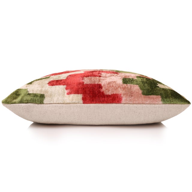 Textile Hand-Knotted Silk Velvet Ikat Lumbar Pillow - 16x24 Ruby & Moss Green For Sale - Image 7 of 8