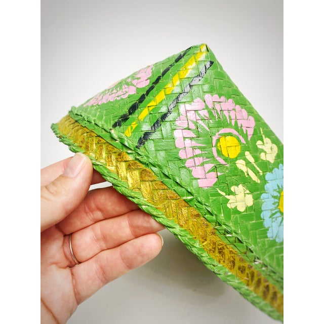 1920s Art Deco Japanese Floral Hand Painted Woven Rattan Basket For Sale - Image 4 of 9