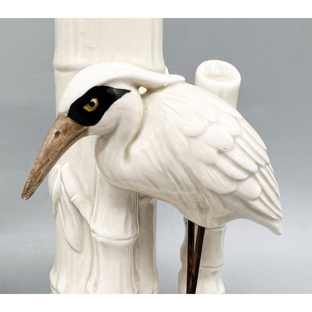 Japanese 1970's Fitz & Floyd Japanese White Crane Candlesticks With Bamboo Bases – Hollywood Regency / Chinoiserie For Sale - Image 3 of 10