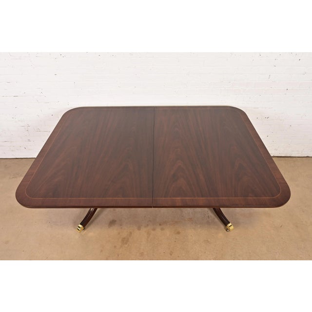 Kindel Furniture Georgian Banded Mahogany Double Pedestal Extension Dining Table, Newly Refinished For Sale - Image 9 of 14