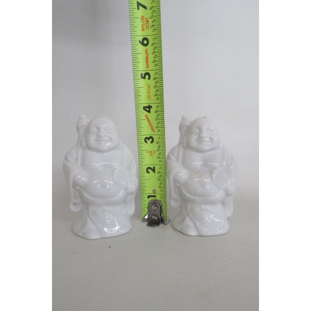 Mid 20th Century White Ceramic Salt and Pepper Shakers 2pc Pair Laughing Buddha Figurines For Sale - Image 10 of 10