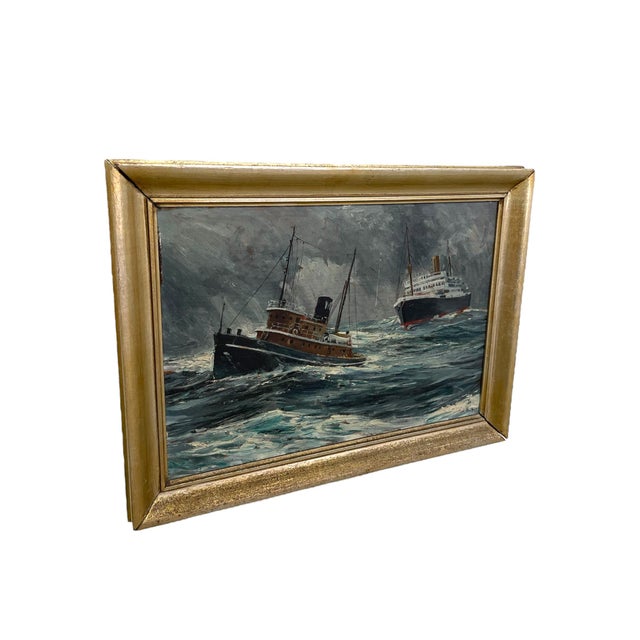 Dramatic mid-20th-century maritime painting showing two vessels battling heavy seas under a dark, turbulent sky.The artist...