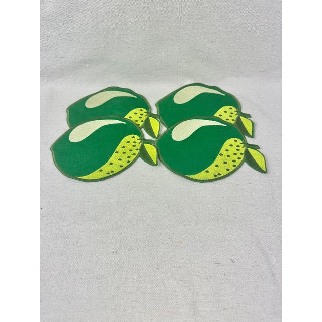 Pop Art Embroidered Linen Lime Fruit Cocktail Napkins-Set of 4 For Sale - Image 3 of 6