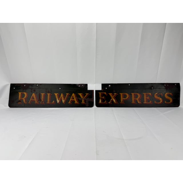2 Pc, Antique Original Railway Express Agency Porcelain on Metal Signs - Measures 20" x 5.75" h.