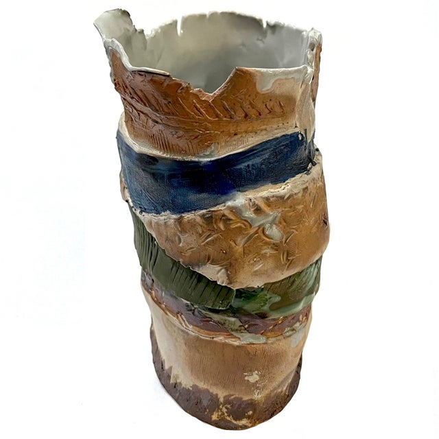 Contemporary 1970's Brutalist Art Pottery Striped Slab Oval Vase For Sale - Image 3 of 9