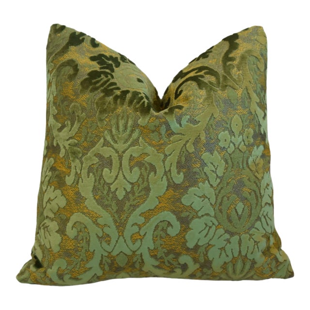 Green Scrolling Botanical Floral Leaves Velvet Pillow Including the Down/Feather Insert 18" Square For Sale