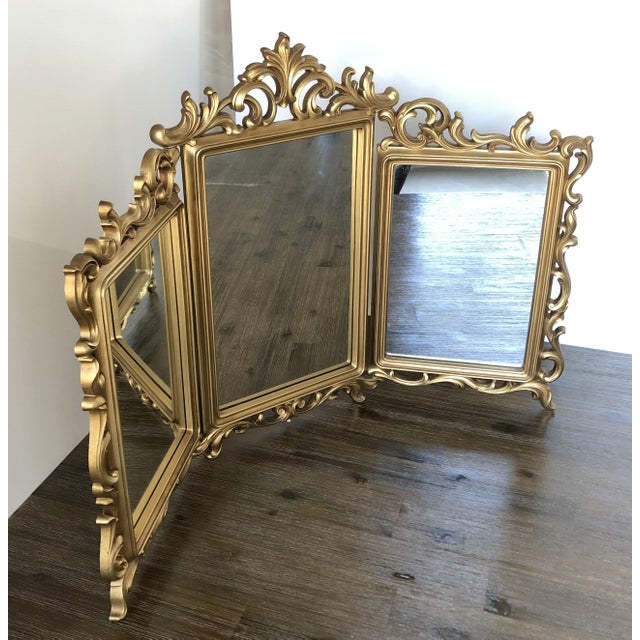 Syroco MidCentury GoldTone TriFold Vanity Mirror Chairish