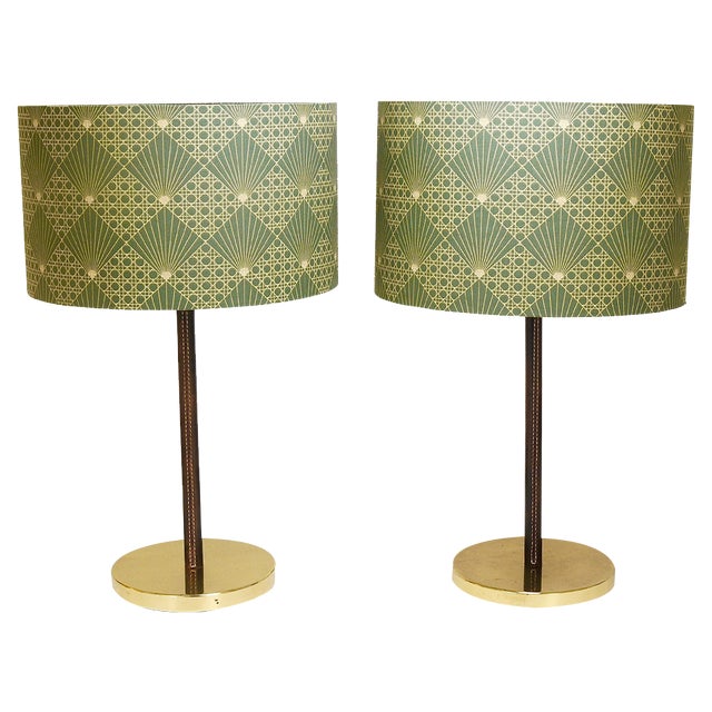 Mid-Century Brass & Leather Table Lamps attributed to J. T. Kalmar for Kalmar, Austria, 1960s, Set of 2 For Sale