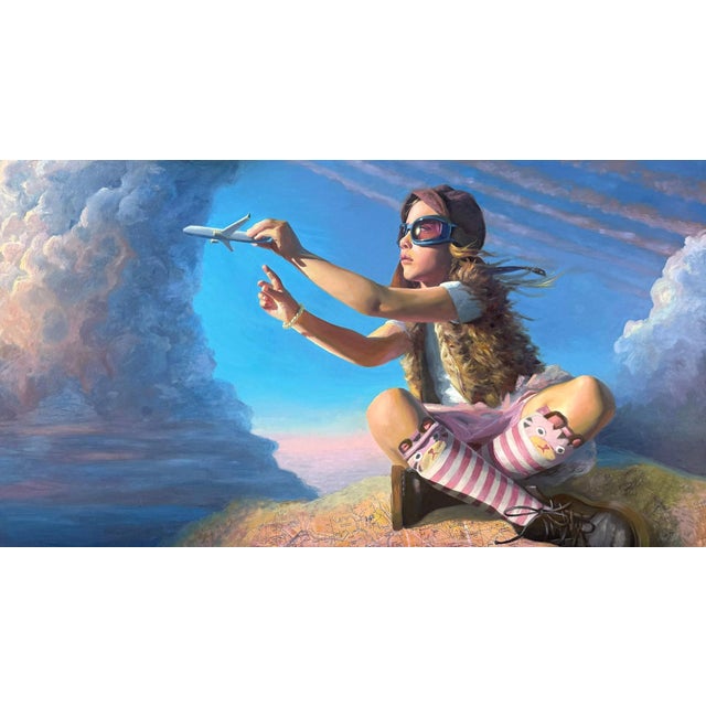 Cruising Altitude by Denise Dambrackas | Acrylic & Oil on Panel Girl playing with a toy airplane in a sky setting. For Sale