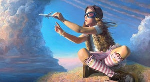 Cruising Altitude by Denise Dambrackas | Acrylic & Oil on Panel Girl playing with a toy airplane in a sky setting.