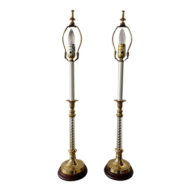 1980s Neoclassical Spiral Twist Brass & Wood Buffet Lamps - A Pair (Bases Only) For Sale