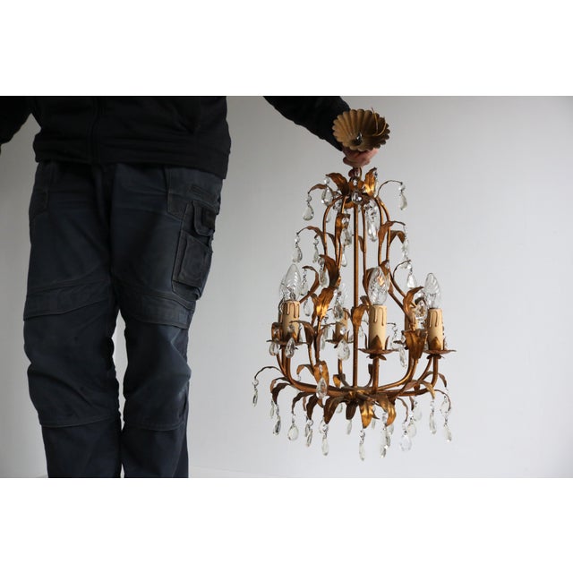 Metal Italian Hollywood Regency Gold Leaf Tôle Chandelier with Crystals, 1950s For Sale - Image 7 of 11