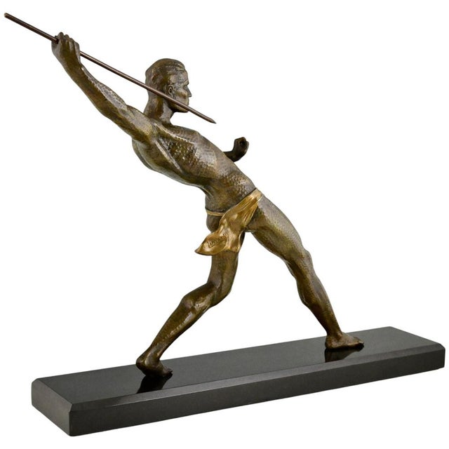Limousin, Art Deco Athlete with Spear or Javelin Thrower, 1930, Metal on Marble Base For Sale - Image 6 of 13