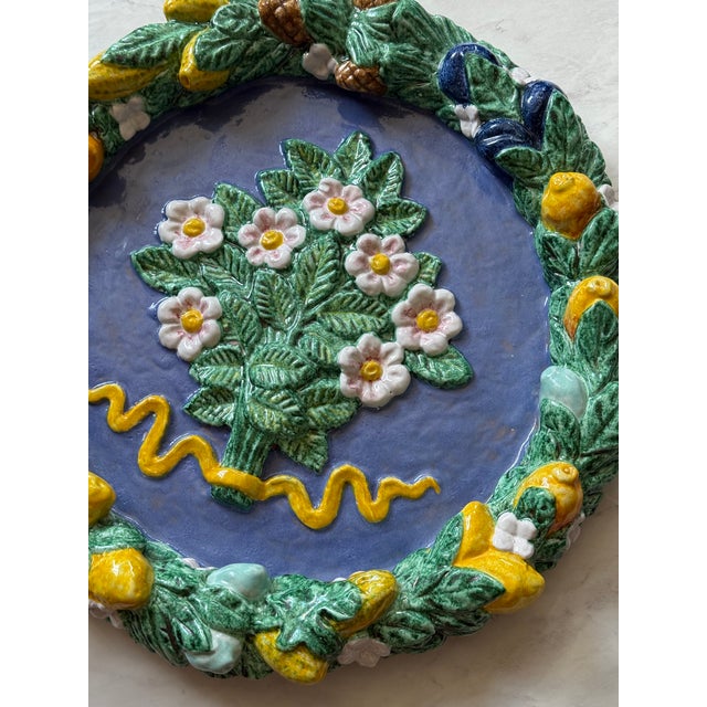Large Vintage Italian Majolica Della Robbia-Style Fruit Garland Wall Charger, Floral Center, Marked Italy For Sale - Image 14 of 14