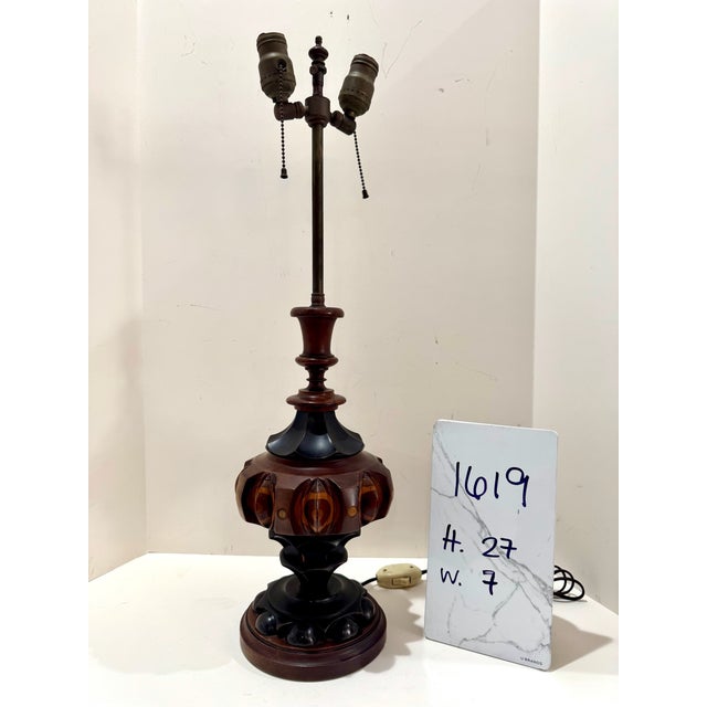 Vintage Inlaid Turned Wood Table Lamp Base Geometric Marquetry For Sale - Image 9 of 9
