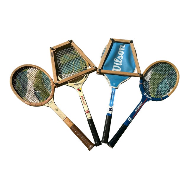 Collection of Vintage Wilson Wooden Tennis Rackets, Cover, and Guards For Sale