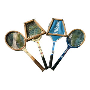 Collection of Vintage Wilson Wooden Tennis Rackets, Cover, and Guards