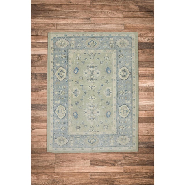 Textile Early 21st Century Green & Blue Floral Design Handwoven Wool Turkish Oushak Rug 6'2" X 8'2" For Sale - Image 7 of 8