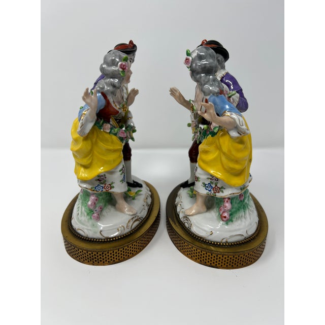 Late 20th Century Pair of Dresden Style Porcelain Courting Couple Figurines on Pierced Metal Bases, Circa 1900 For Sale - Image 5 of 10