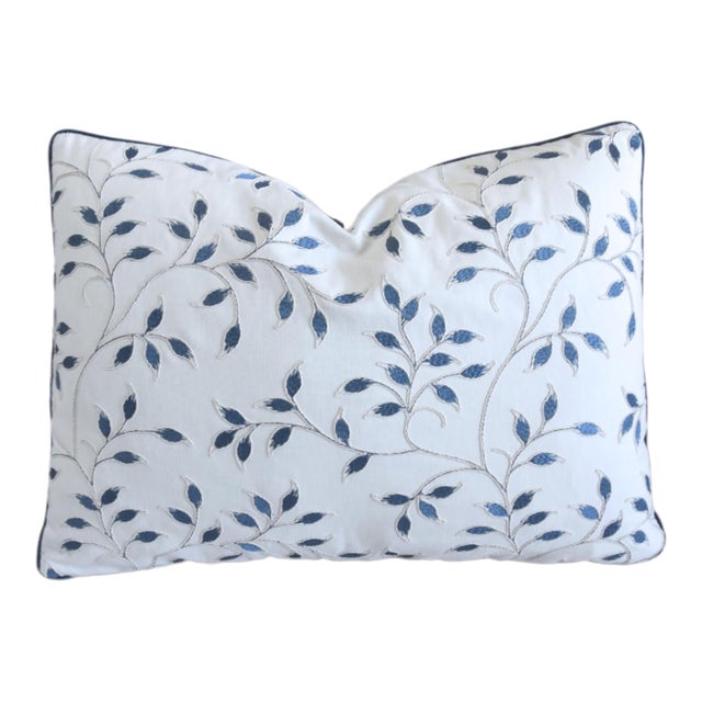 Designer Page Turner Embroidered Blue Leaf Botanical Feather/Down Pillow For Sale