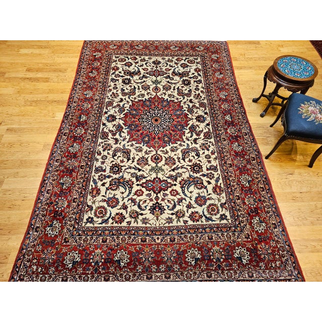 Textile Vintage Isfahan Rug, Hand-Knotted Wool, Floral Pattern, Ivory & Red, 7x11 For Sale - Image 7 of 18