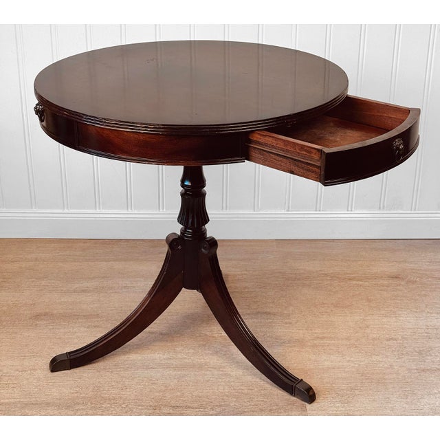 Traditional Vintage Traditional Mahogany Round Drum Table W/ Lions Head Pulls For Sale - Image 3 of 13