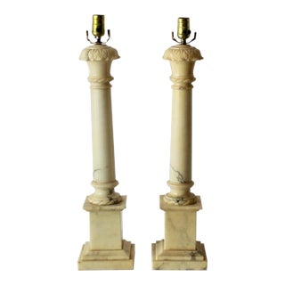 Large Italian Column Neoclassic Alabaster Table Lamps-A Pair For Sale
