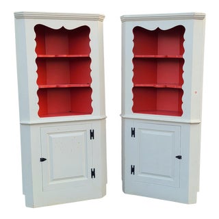 Pair Painted White Early 20th Century Country Primitive Corner Cabinet Cupboards C1900 For Sale