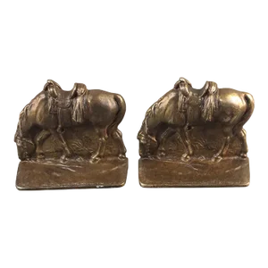 Vintage Bronzed Cast Iron Metal Equestrian Grazing Horse Bookends Marked "Bronze Art" - a Pair