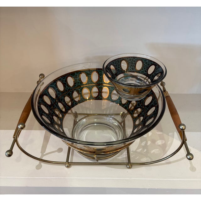 Small Bowl: 5" W x 5" W x 2.5" H Carrier: 13.5" W x 8.73" D x 6" H Culver mid-century glass chip and dip with 24 karat...