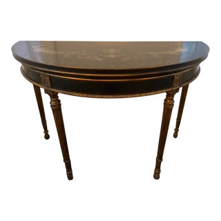 Vintage Hand-Painted Black and Gold Demi-Lune Console Table For Sale